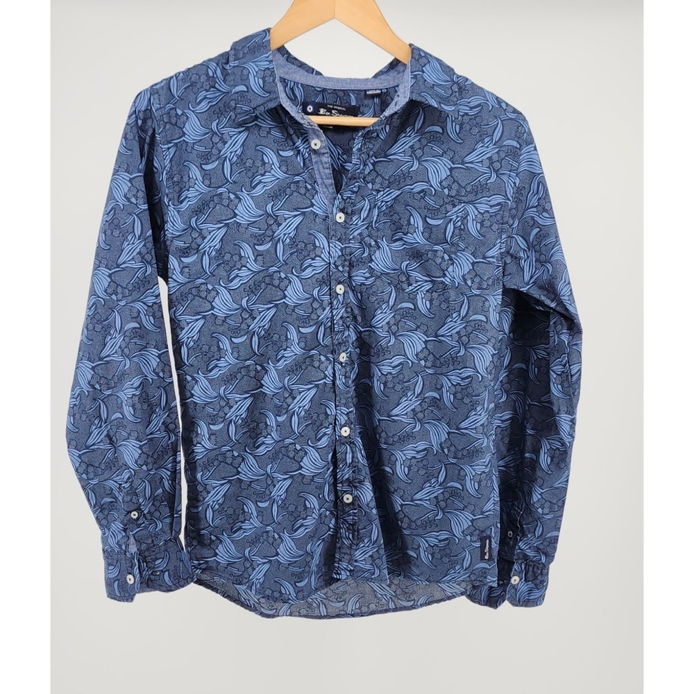 Ben Sherman Boys XL 18 Blue Floral Leaf Print Long Sleeve‎ Button Down Shirt